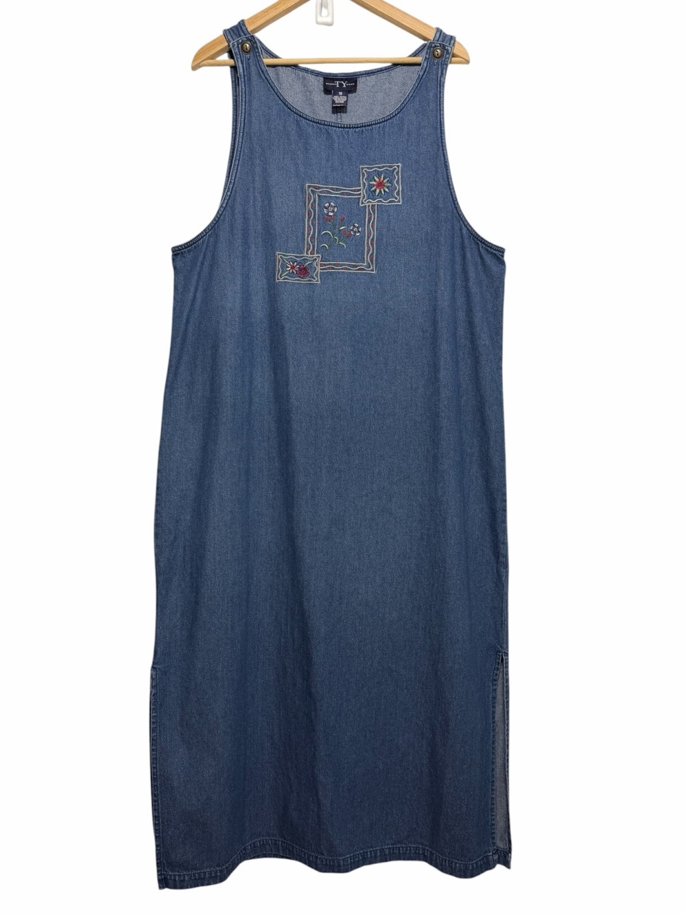 Original TY Wear Blue Denim Floral Embroider Sleeveless Maxi Dress Sz 18 Vintage